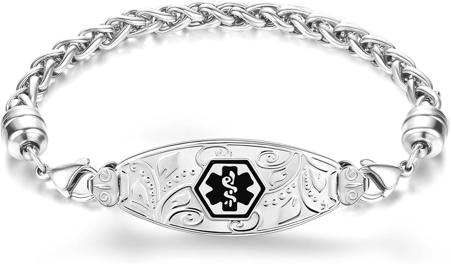 Divoti Medical Alert ID Bracelets for Women | Custom Engraved Filigree Design Medical ID Bracelet | Hypoallergenic 316L Stainless-Steel Material | Wheat Chain with Waterproof Lobster-Claw-Clasps