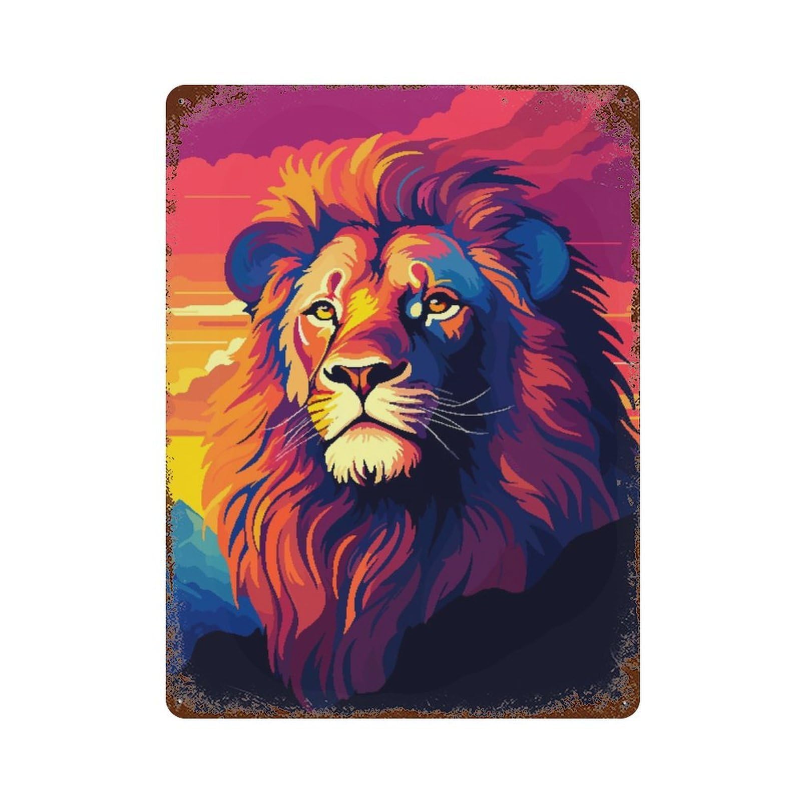 Lion Sunset Pixel Art Rusty Metal Tin Sign 15.7"x11.8", for Pub, Kitchen And Man Cave Decor, Farmhouse Wall Decor