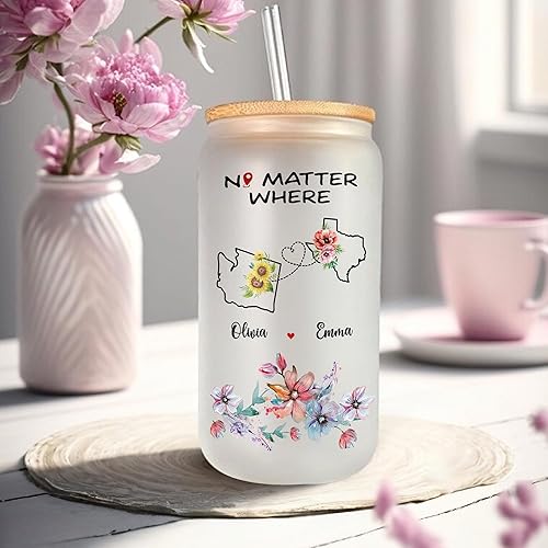 Miniatura 4 de Gossby Regalo de larga distancia para mejores amigas, vaso de vidrio personalizado de 16 onzas para mujeres con popote, tapa, amistad personalizada,
