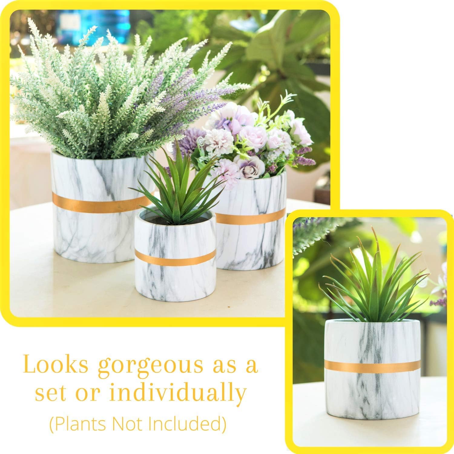 Indoor Planter Pots with Drainage - 3 Pack Set, 4 + 5 + 6 Inch White Ceramic Orchid Pot, Marble Gold Christmas Flower Pot Decor, Unique Modern Classy Live Succulent Pot, Macetas Para Plantas Orquideas