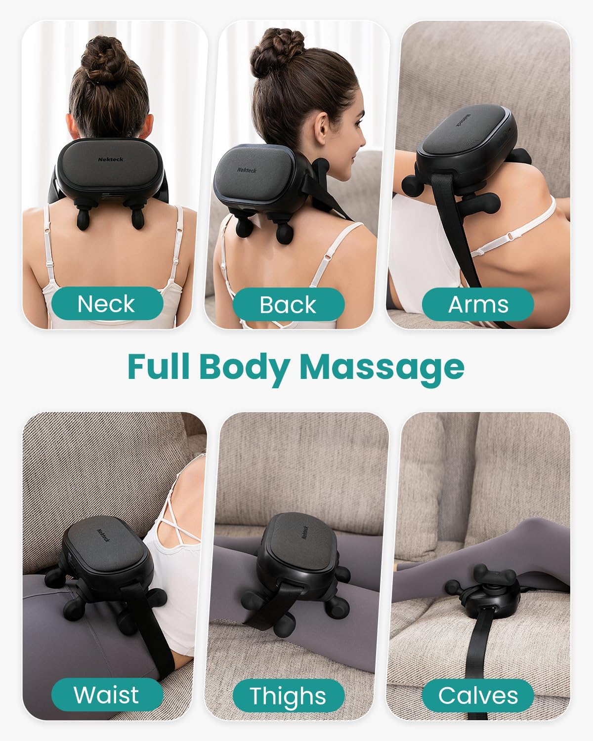 Nekteck Shiatsu Neck Massager with Heat, Cordless 6D Back Shoulder Kneading Massage Pillow, Body Muscle Relaxation Tools for Pain Relief Deep Tissue, FSA Eligible Gifts for Mom Dad Men Women