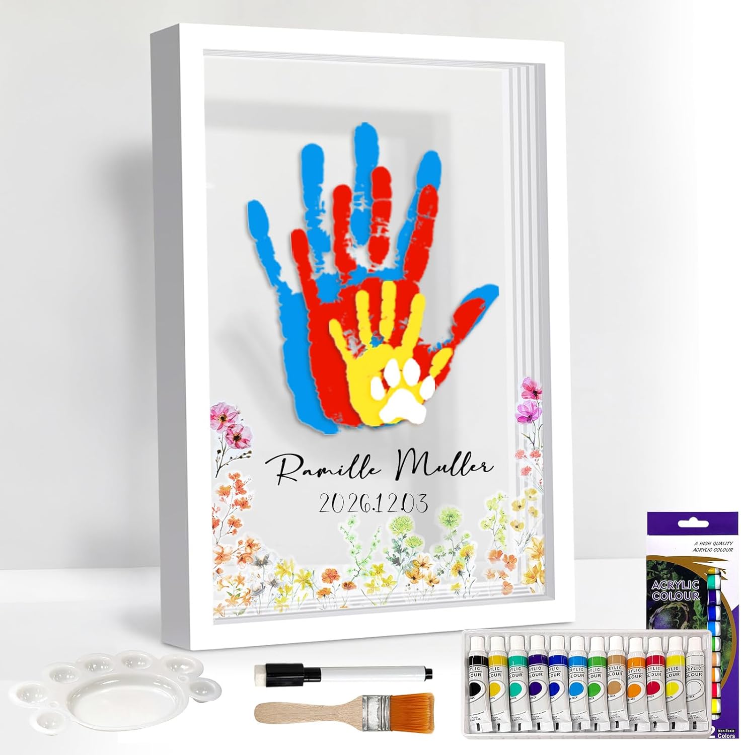 OurWarm Family Handprint Kit for 4, DIY Baby Handprint Set Keepsake Gifts with 50 PC Stickers & 12 Paints, Baby Footprint Kit Wooden Frame for New Parents Anniversary Newborn Adoption Day Gifts