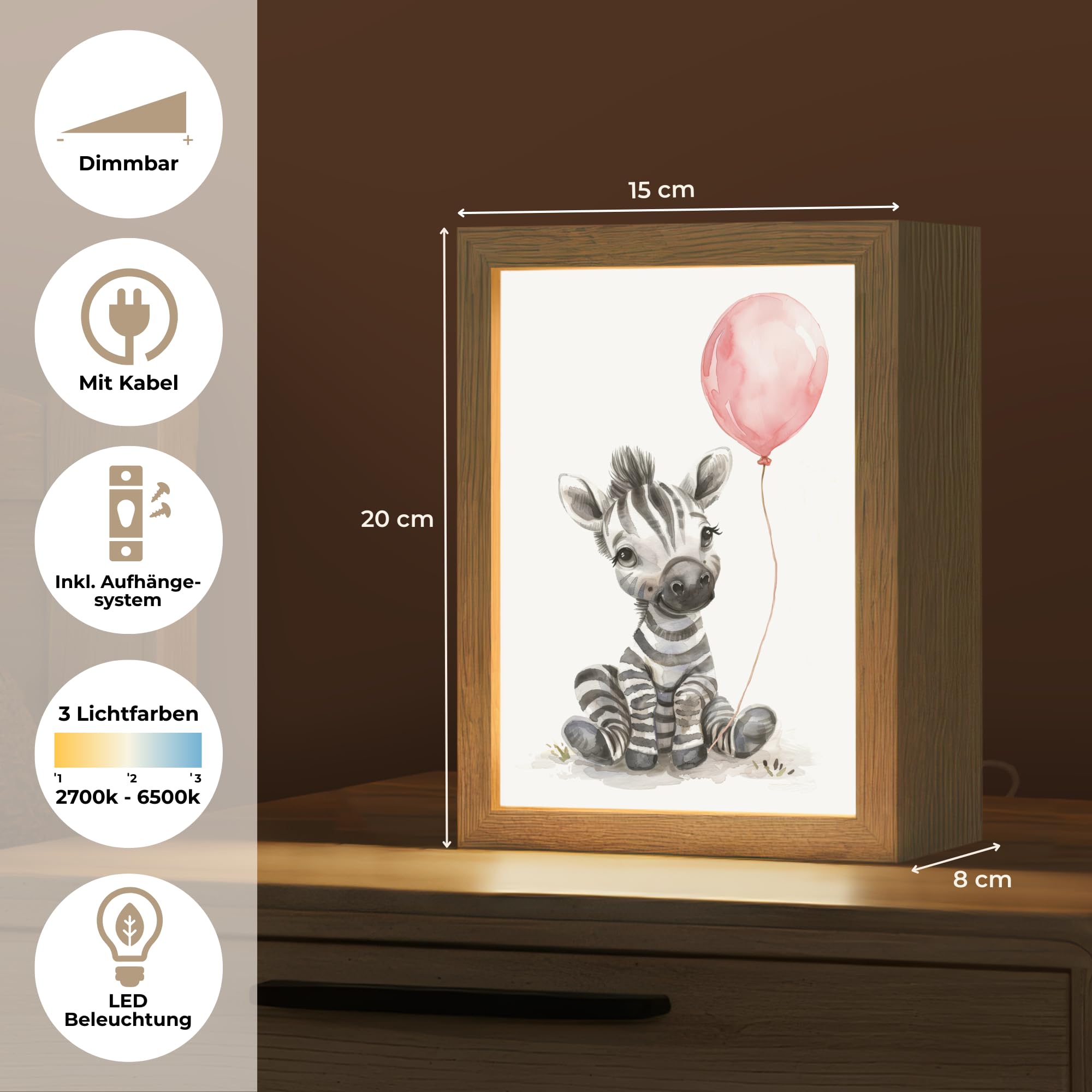 Nachtlichter & Schlummerleuchten Für Kinder 15x20 cm Baby Nachtlicht Nachttischlampe Jugendzimmer Zebra - Tiere - Rosa Luftballon