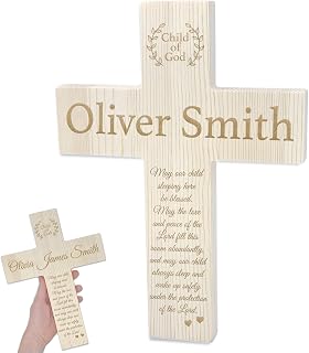 Baby Cross for Bedroom Wall - Personalized Christian Decor for Baby Girl Boy Nursery, Decorative Hanging Cross for Kids Room with Child's Name, Custom Engraved Message, Baby Blessing Decor Standing