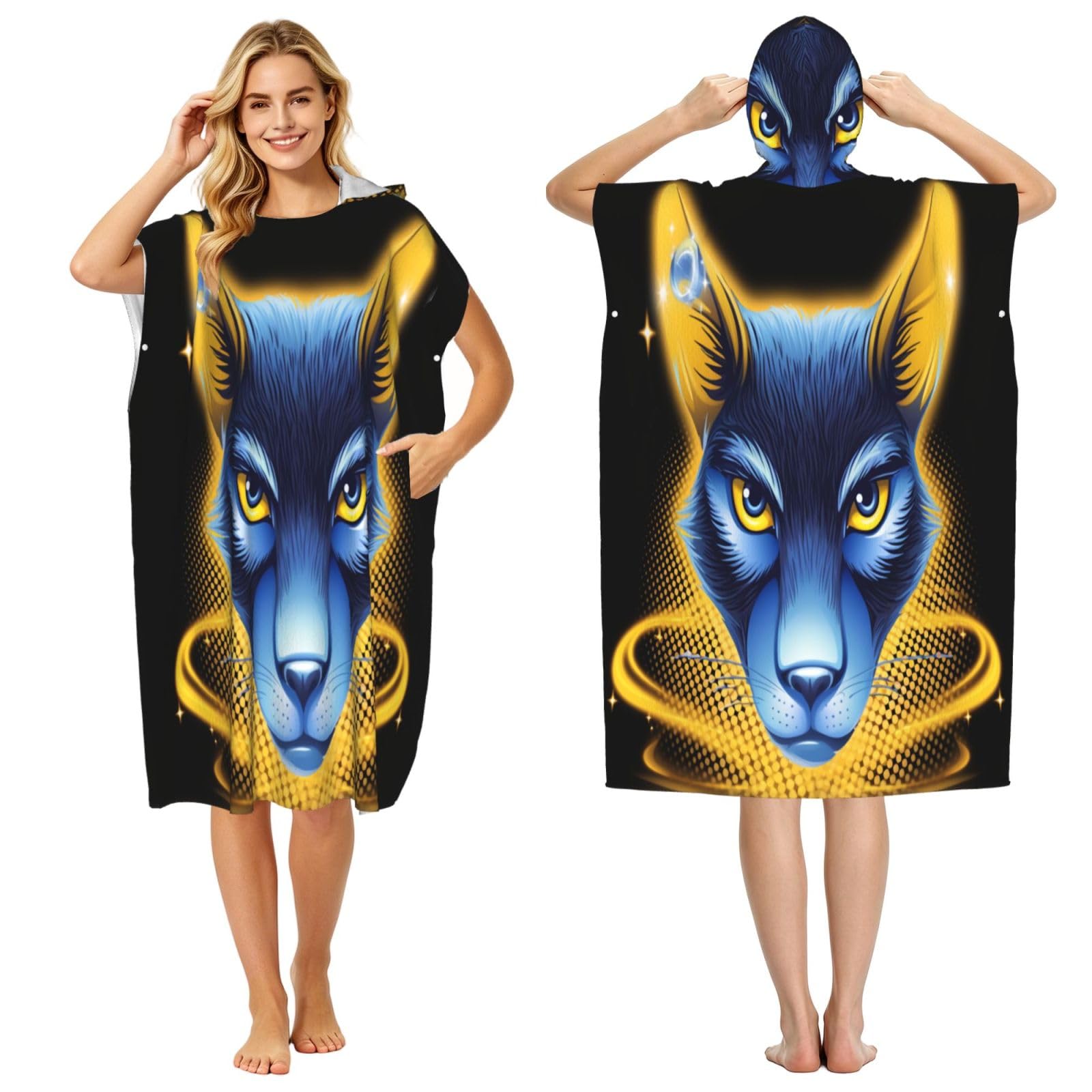 KLGRTJHK Golden Wolf Head Adult Hooded Beach Poncho Towel 43"X35"