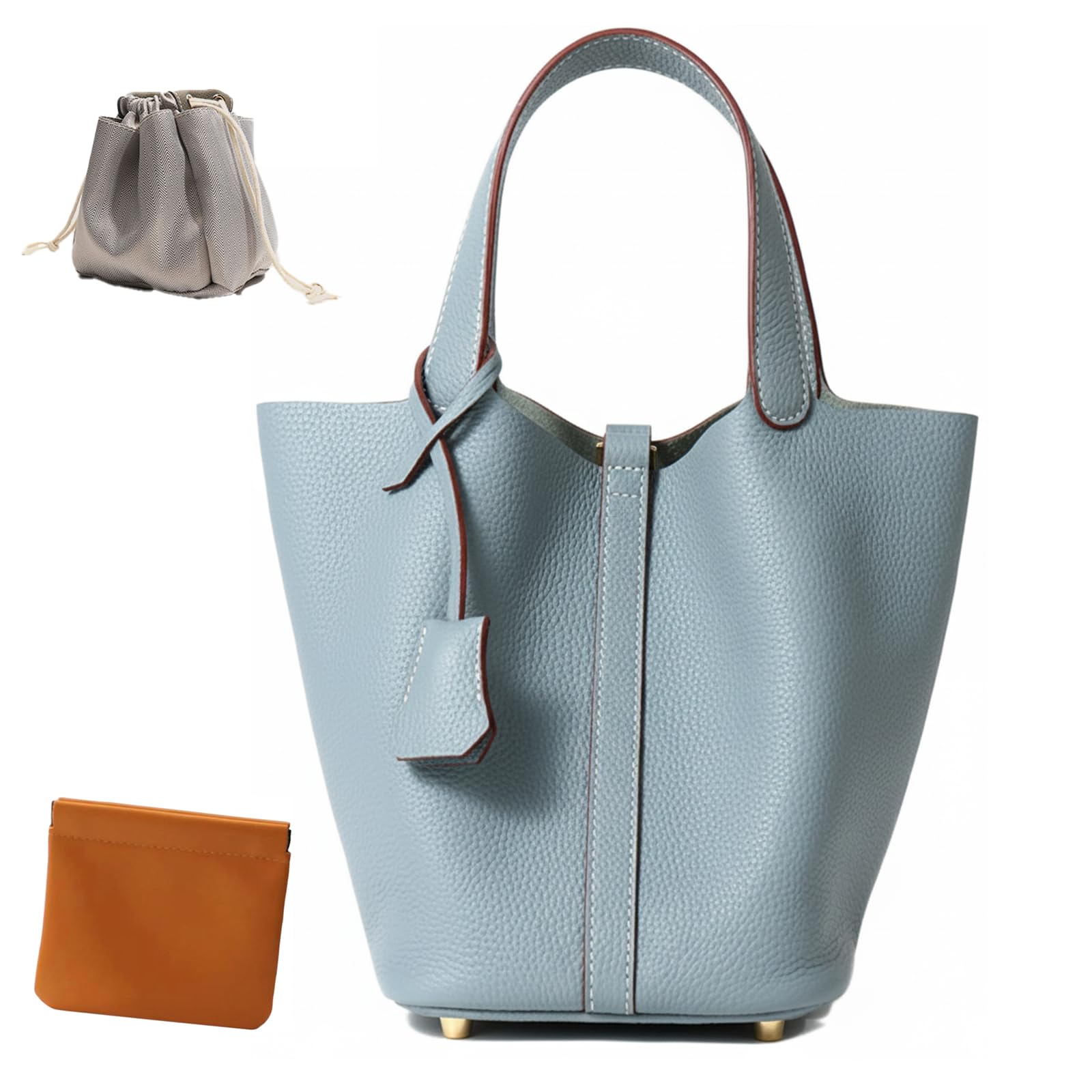 Genuine Leather Lock Design Bucket Bag Vegetable Basket, Fashionable and Versatile Satchel Handbag