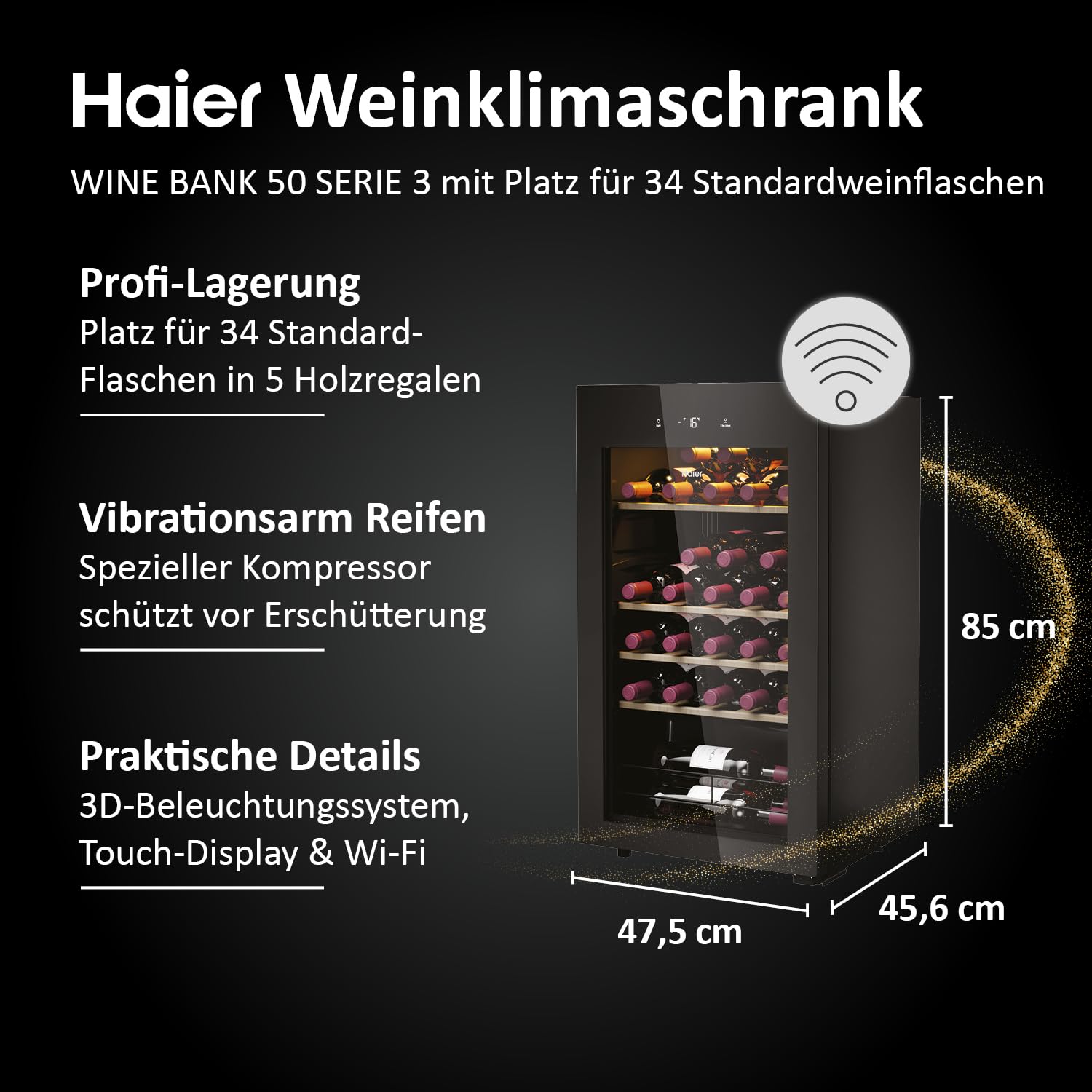 Haier Weinkühlschrank 50 SERIE 3 HWS34GGH1 Weinklimaschrank 34 Flaschen Wine Fridge UV-Glastür 5 Holzregale Wi-Fi Touch-Display