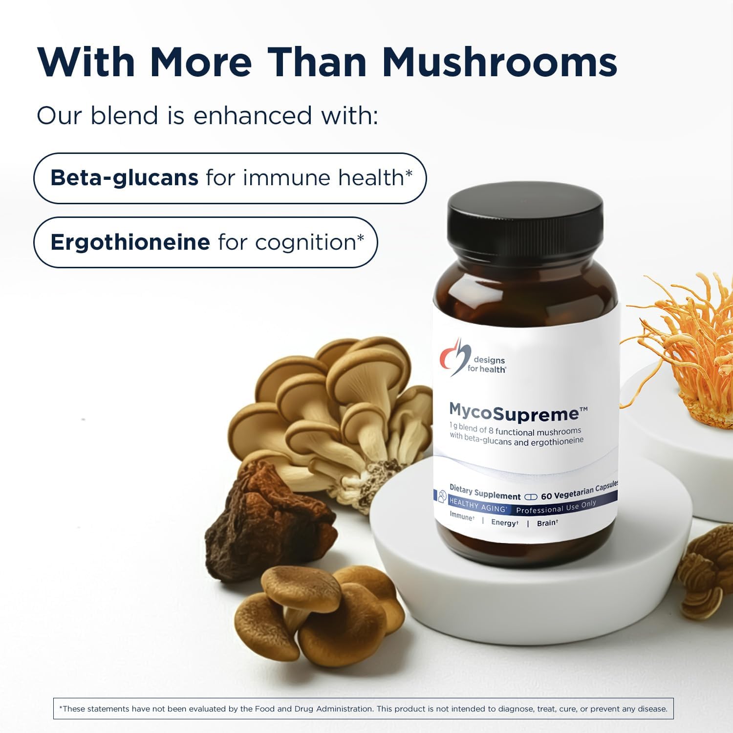 Designs for Health MycoSupreme Mushroom Supplement - Nootropic Immune Support Supplement with Lion’s Mane, Reishi, Cordyceps, Turkey Tail, & Chaga Mushroom Complex - Vegan, Gluten Free (60 Capsules)