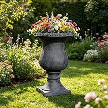 Vintage Large Pedestal Urn Planter, Antique Black MGO Decorative Flower Pot, 26.38 H Garden Plant Container for Outdoor Patio, Front Entryway & Backyard Landscape Planting Decor