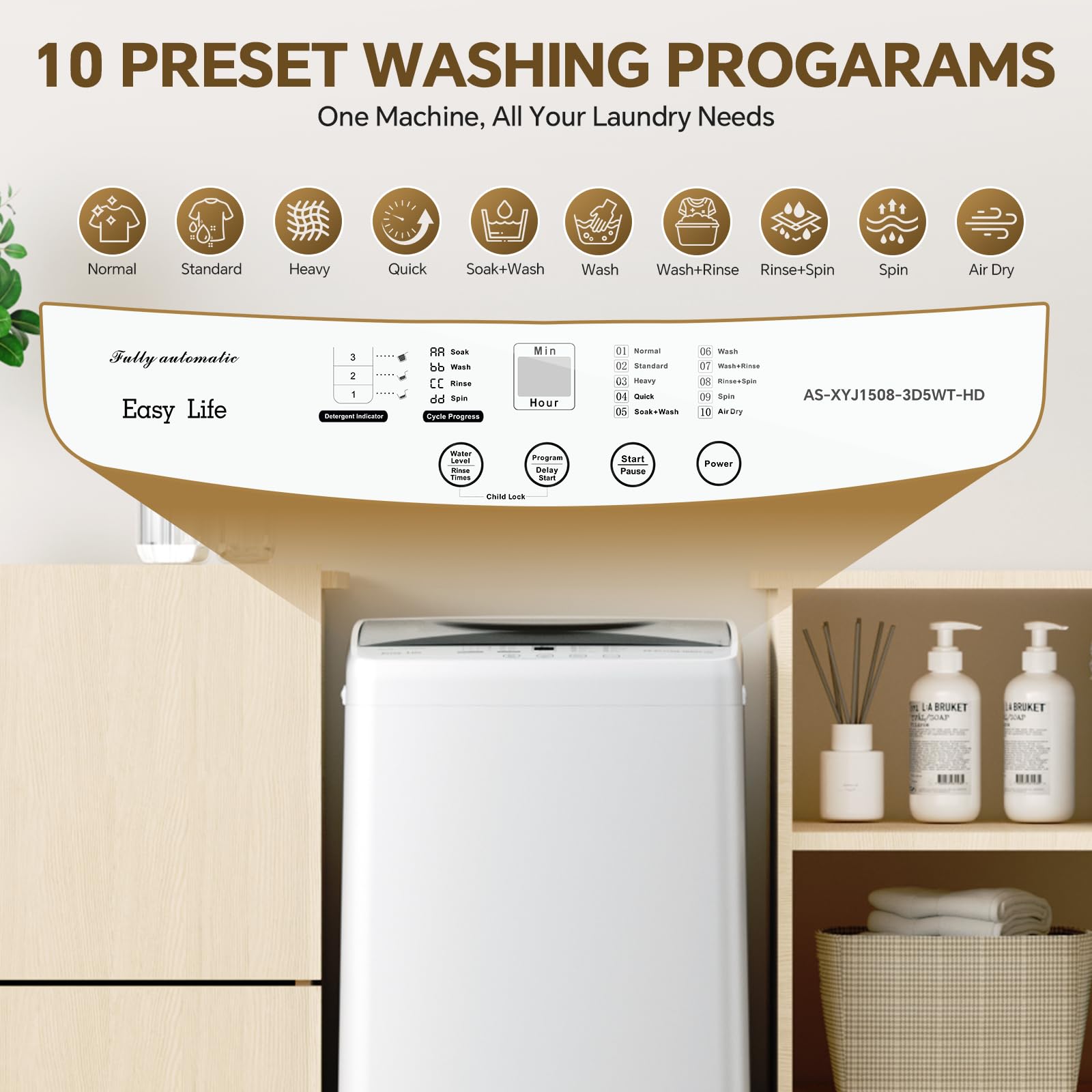 NEWBULIG 1.06 Cu.Ft. Portable Washing Machine, 7.7LBS Full-Automatic Laundry Washer with Stainless Steel Drum, 10 Wash Cycles & Auto-Balance, Compact Washer for Apartment RV Dorm Camping, White - 4