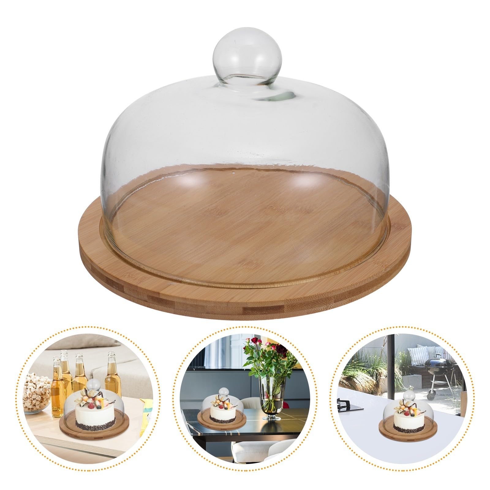 Plat à Gâteau avec Couvercle en Verre et Plateau Tournant en Bois