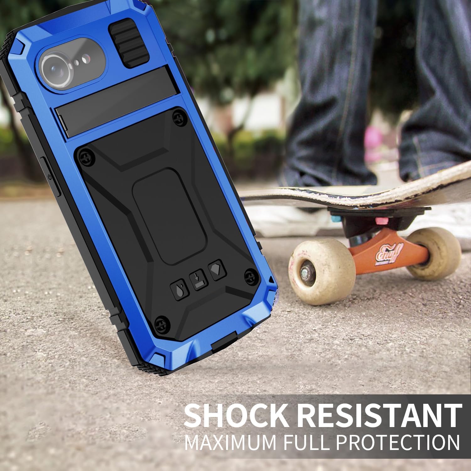 Simicoo Compatible with iPhone 17E 16E 2026 Metal Bumper Metallic Military Dust Proof Heavy Duty Case with Stand Screen Protector Camera Cover Hybrid Durable Full Body case for Man (Blue)