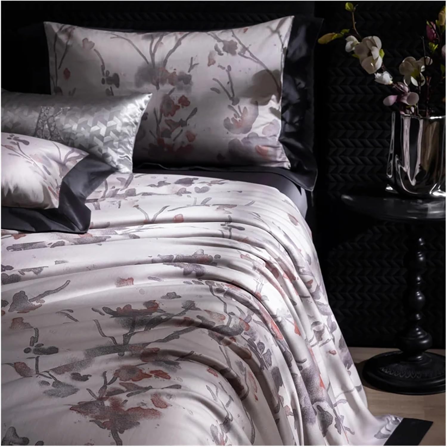 Luxury American V-intage Bedding Set 1400TC Egyptian Cotton Silky Soft Plant Print Duvet Cover Flat/Fitted Bed Sheet Pillowcases,Bed