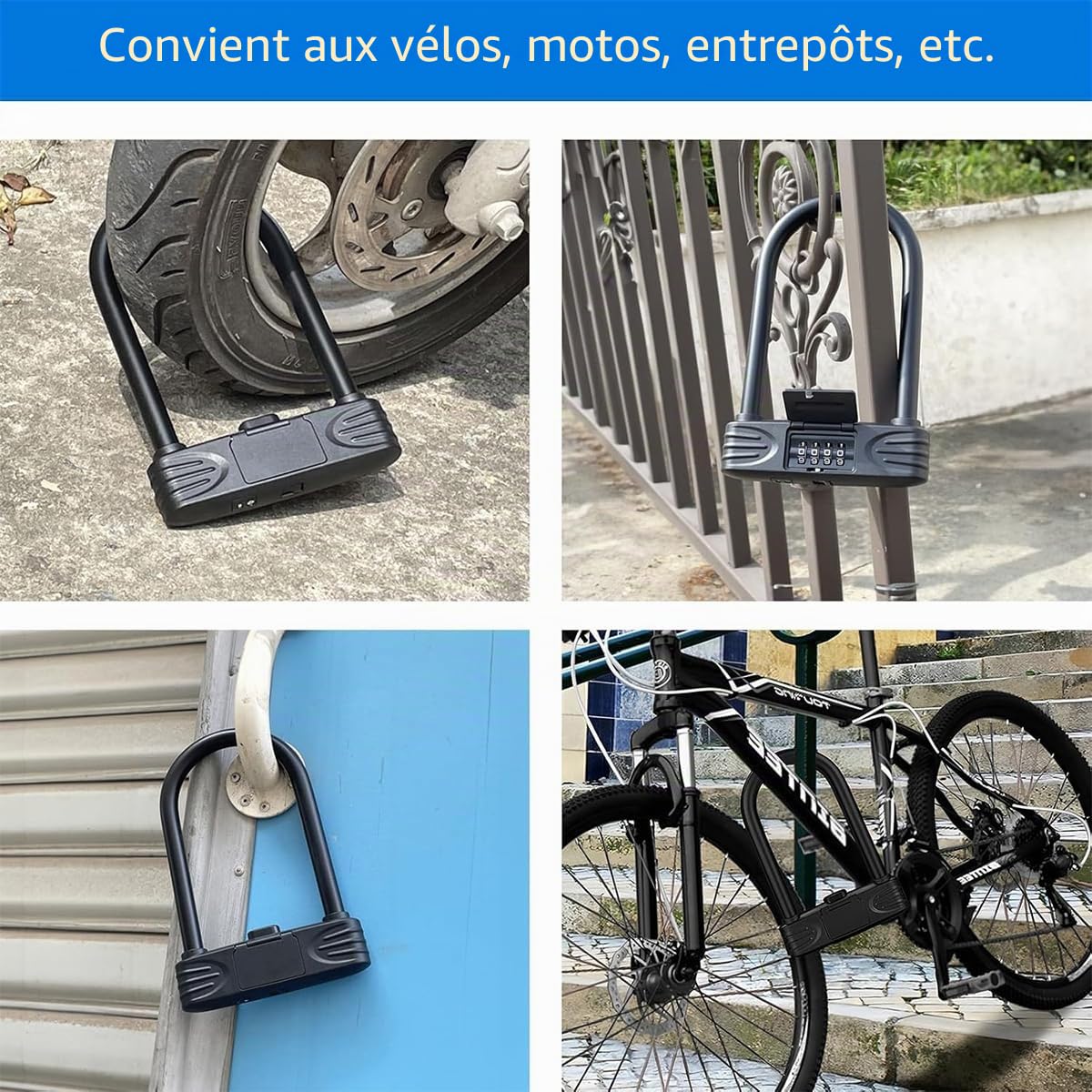 Antivol En U Robuste, Cadenas à Combinaison De 4 Chiffres Avec Mot De Passe Pour Vélo, Cadenas En U à Combinaison De Vélo, Cadenas En U Pour Vélo Pour La Maison, L'école, Les Voyages (227 * 112 MM)