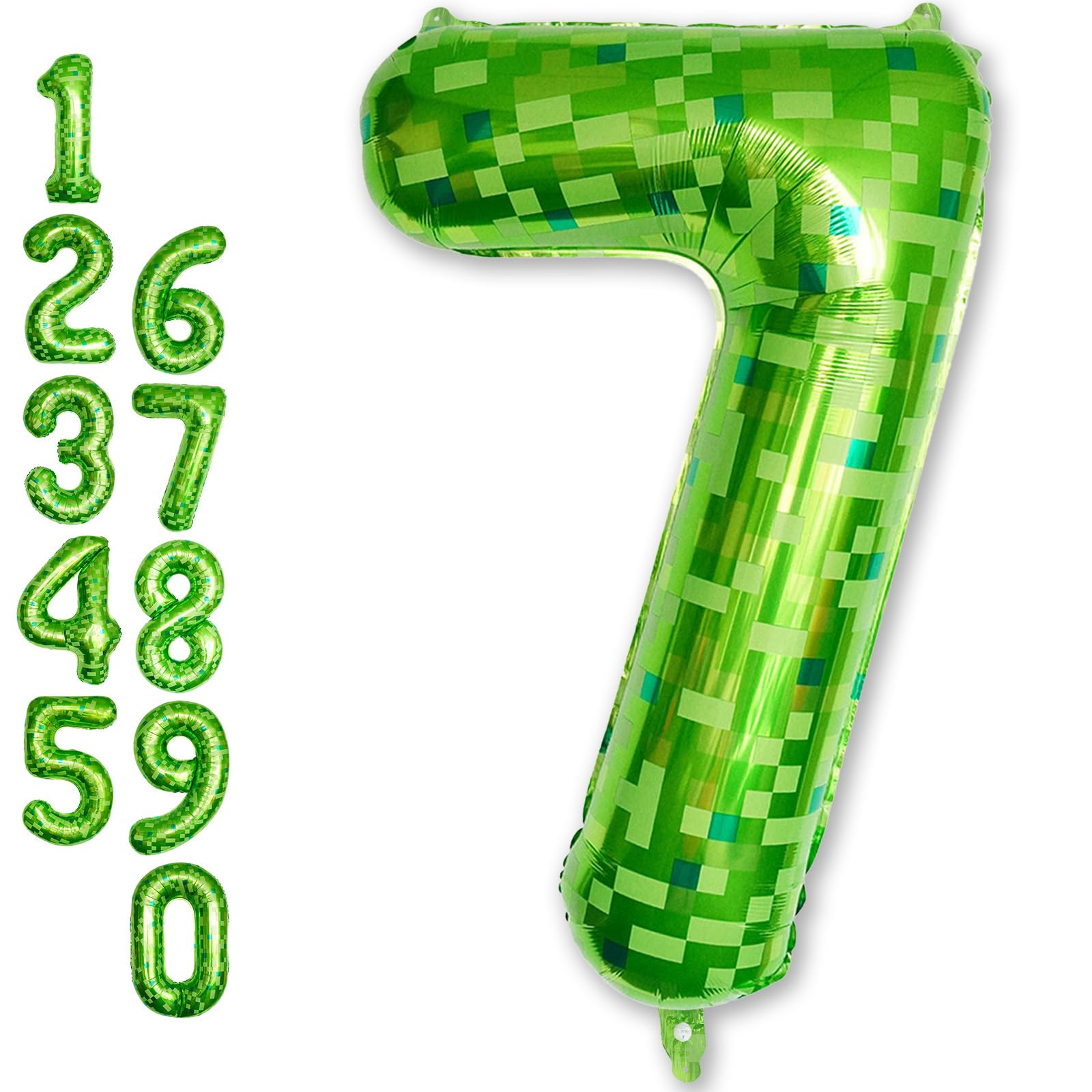 40 Inch Green Pixel Number 7 Balloon for Kids 7th Birthday Decorations, Large Dark Kelly Lime Green Self Inflating Foil Seven Balloon Number for Boys