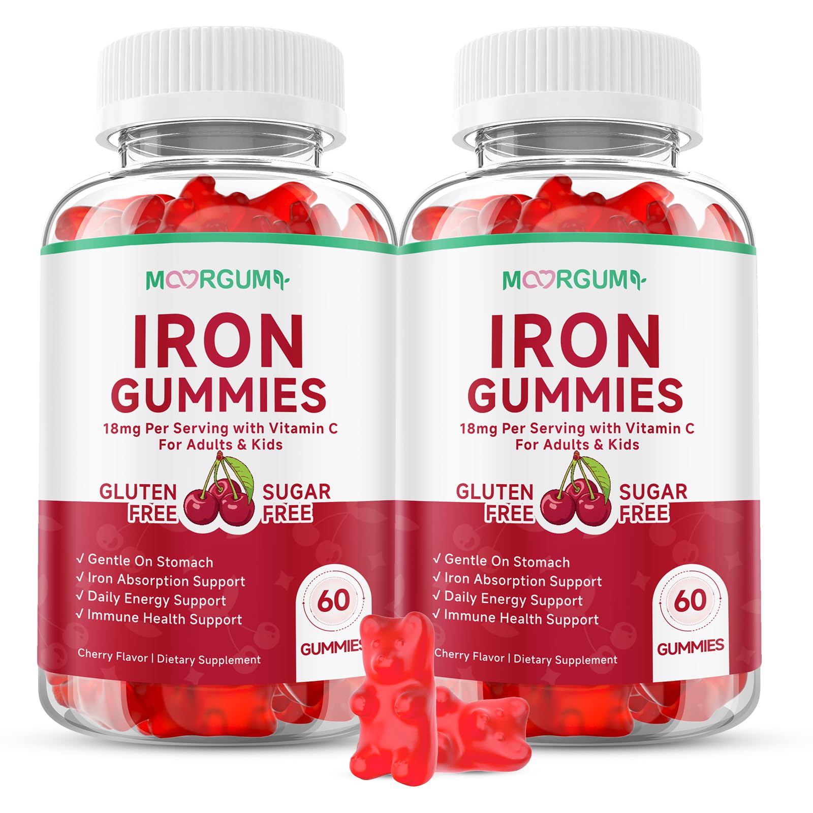 Iron Gummies with Vitamin C, High Absorption 18mg Iron Supplements for Adults & Kids, Blood Builder & Energy Support for Women and Men, Gentle on Stomach, Cherry Flavor, 120 Count 60 Count (Pack of 2)