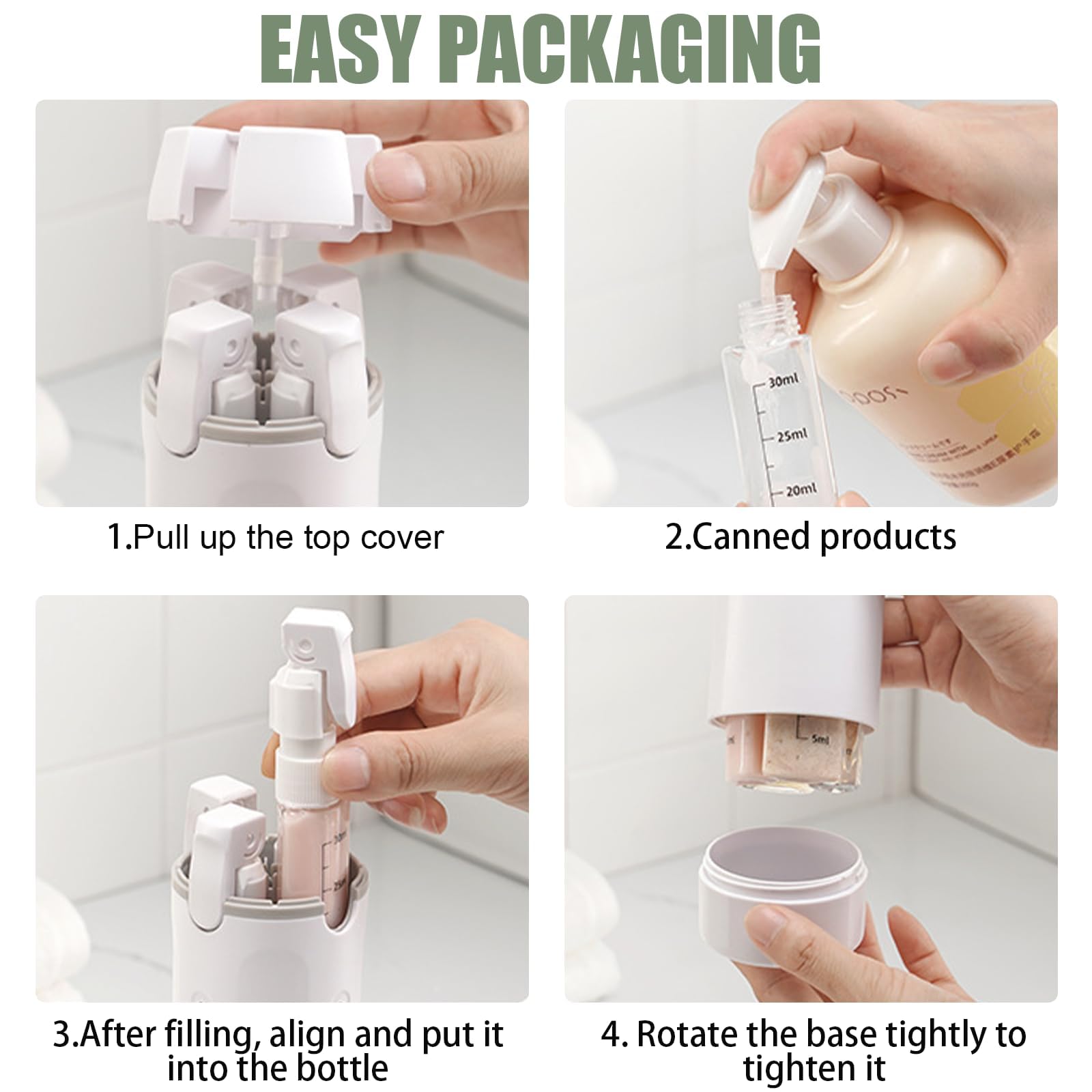 Flacon Voyage Rechargeable, Flacon Distributeur De Voyage 4 En 1, Contenant Voyage Anti-Fuite Portable, Kit Voyage Produit Toilette Pour Shampoing,Lotion, AprèS-Shampoing,Avec éChelle Et éTiquette (A)