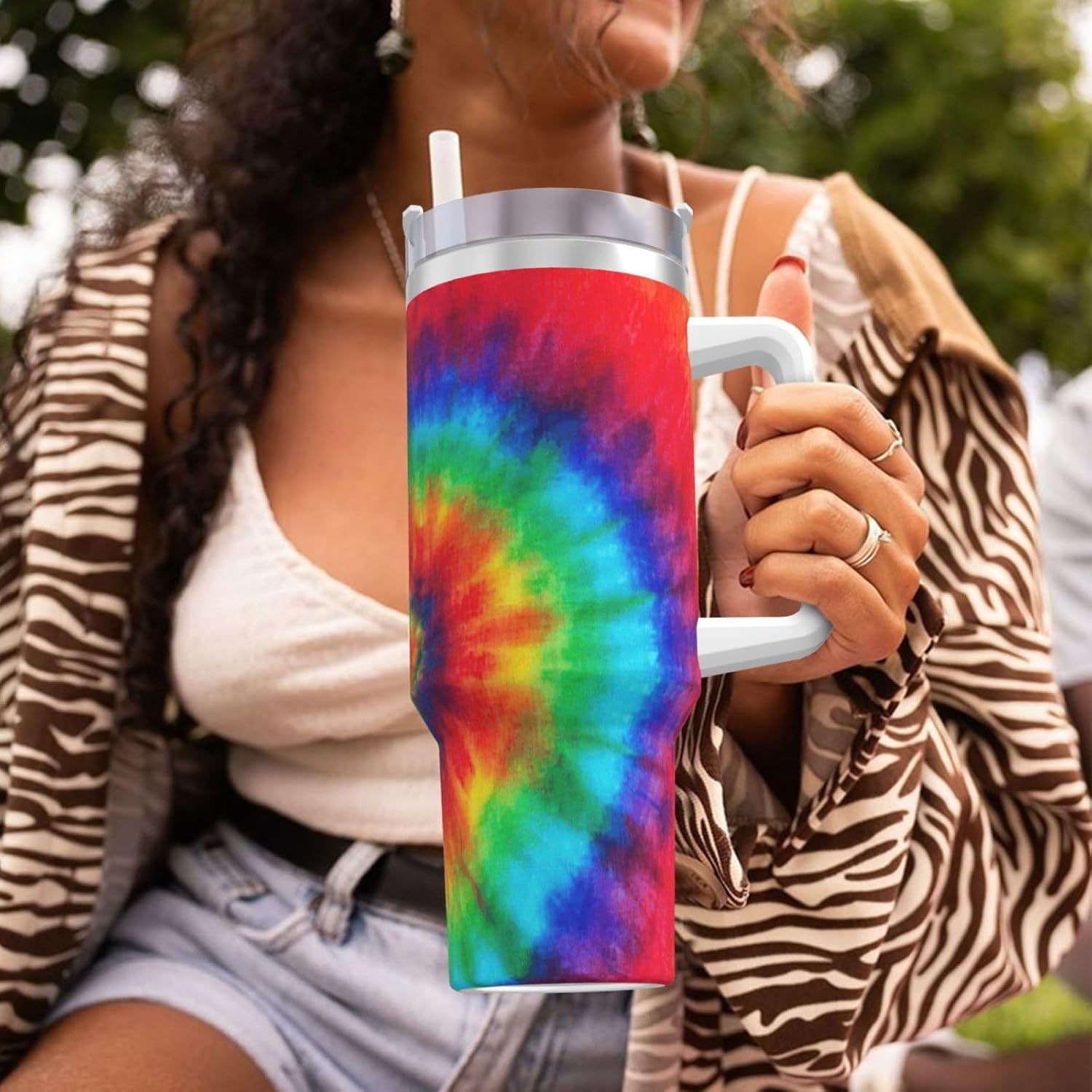 40 OZ Tie Dye Hippies Print Ice Bully Cup with Handle Straw Lid Straw,Stainless Steel Tumbler Coffee Cup