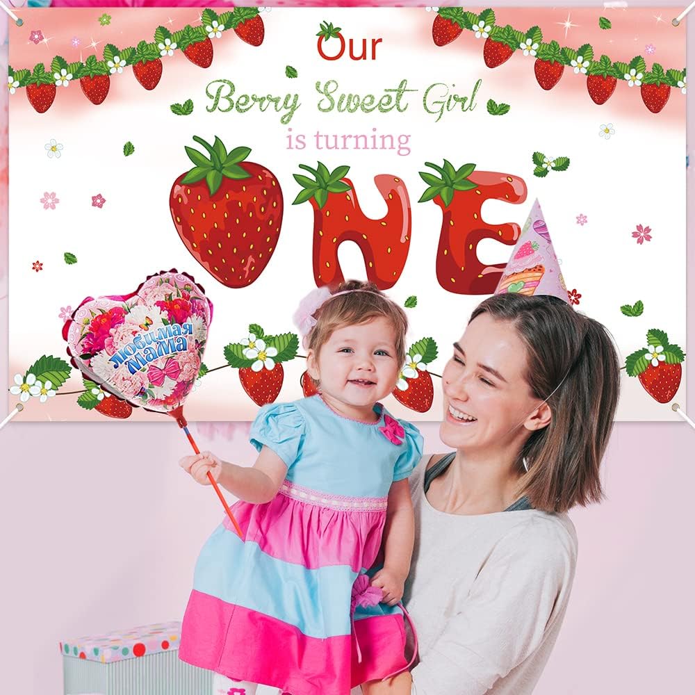 Strawberry 1st Birthday Backdrop for Girls, Our Berry Sweet is Turning Baby Girls First Birthday Background, 42.9 x 70.2 inches Photography Props Summer Fruits Kids Party Decorations - Image 5