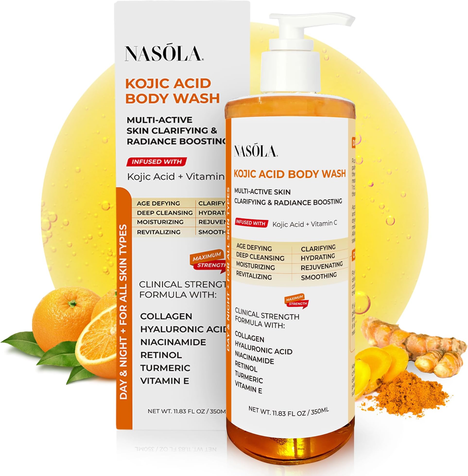 Nasola Kojic Acid Body Wash – Turmeric & Vitamin C Brightening Cleanser, Moisturizing Exfoliating Shower Gel for Women & Men – 11.8 fl oz