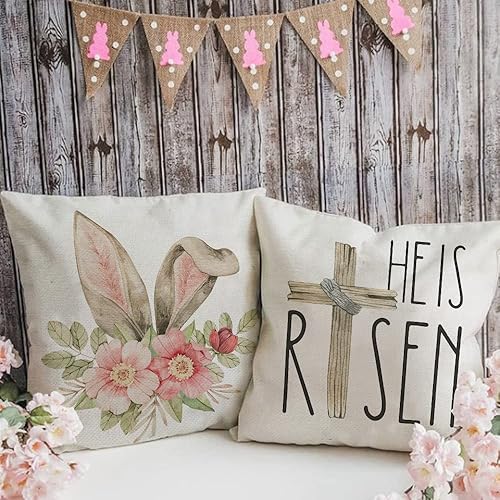 Miniatura 2 de GEEORY Juego de 4 fundas de almohada de Pascua de 18 x 18 pulgadas, decoraciones de Pascua para el hogar He is Risen, almohadas florales de conejito