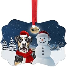 Festive Winter Night Pet and Snowman Ornament - Young Greater Swiss Mountain Dog Christmas Ornament Benelux Aluminum - Funny Xmas Tree Decoration Gifts for Swissy Dog Lovers