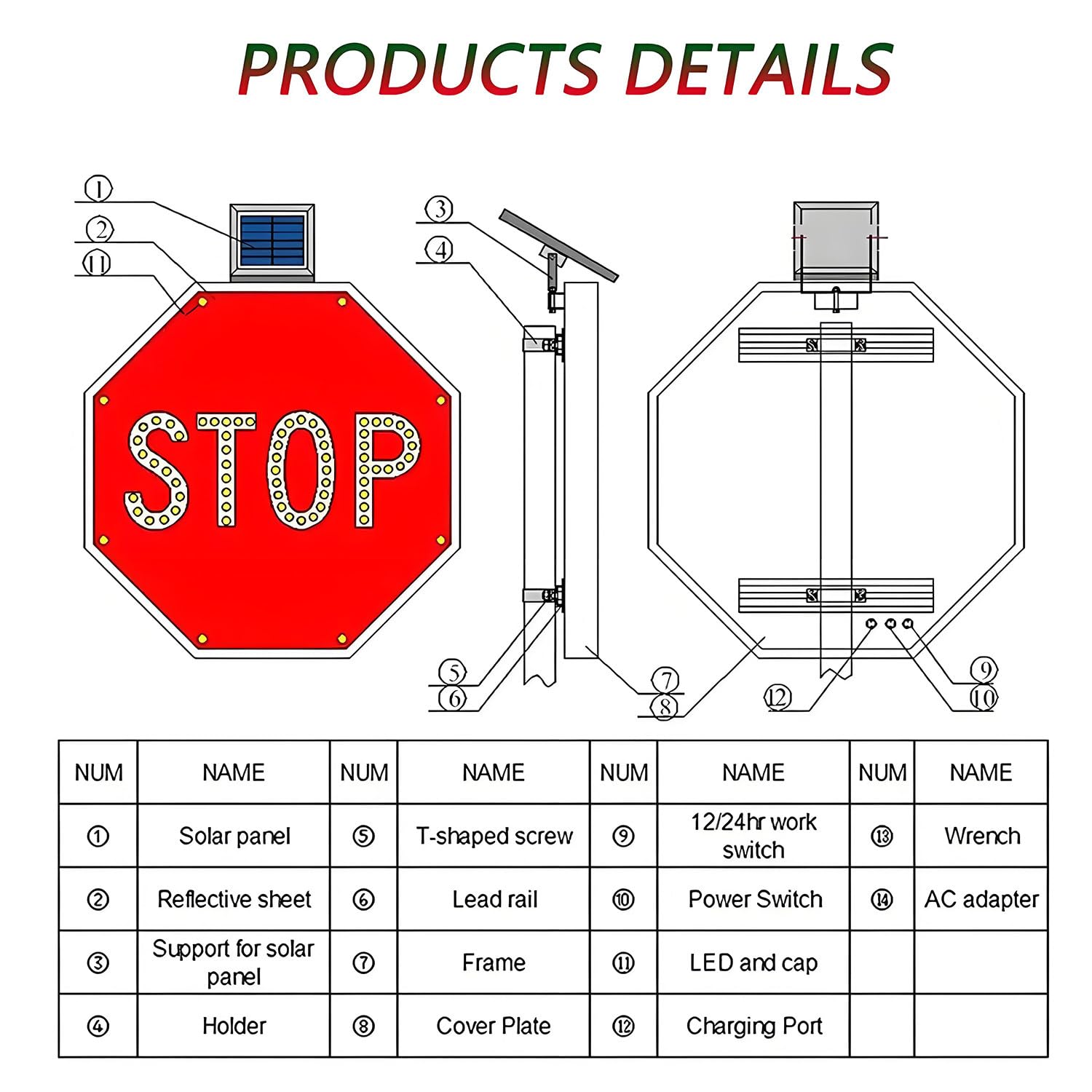 Señal de Stop Solar, señal de Stop LED Intermitente con energía Solar, señales de tráfico octagonales de Aluminio, LED Intermitentes para Calle, Resistente al Agua IP65 60 * 60cm