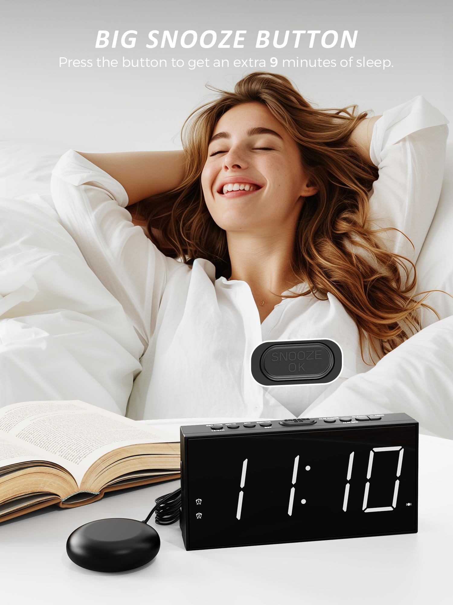 Sveglia A Vibrazione Per Non Udenti, Con Problemi Di Udito, Che Dormono Pesantemente, Vecchio, Sveglia Digitale, Doppio Allarme, Porta Usb, Ampio Display Luminoso, Snooze/Posticipa, 12/24 Ore Dst