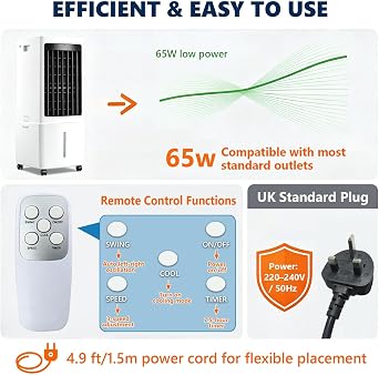 Portable Air Conditioner, 12L Mobile Air Conditioning Unit Humidifier Cooling Fan, 3 Mode & 3 Speed, 7.5H Timer, Remote Control, Evaporative Air Cooler for Home Office Bedroom Kitchen [Energy Class A]