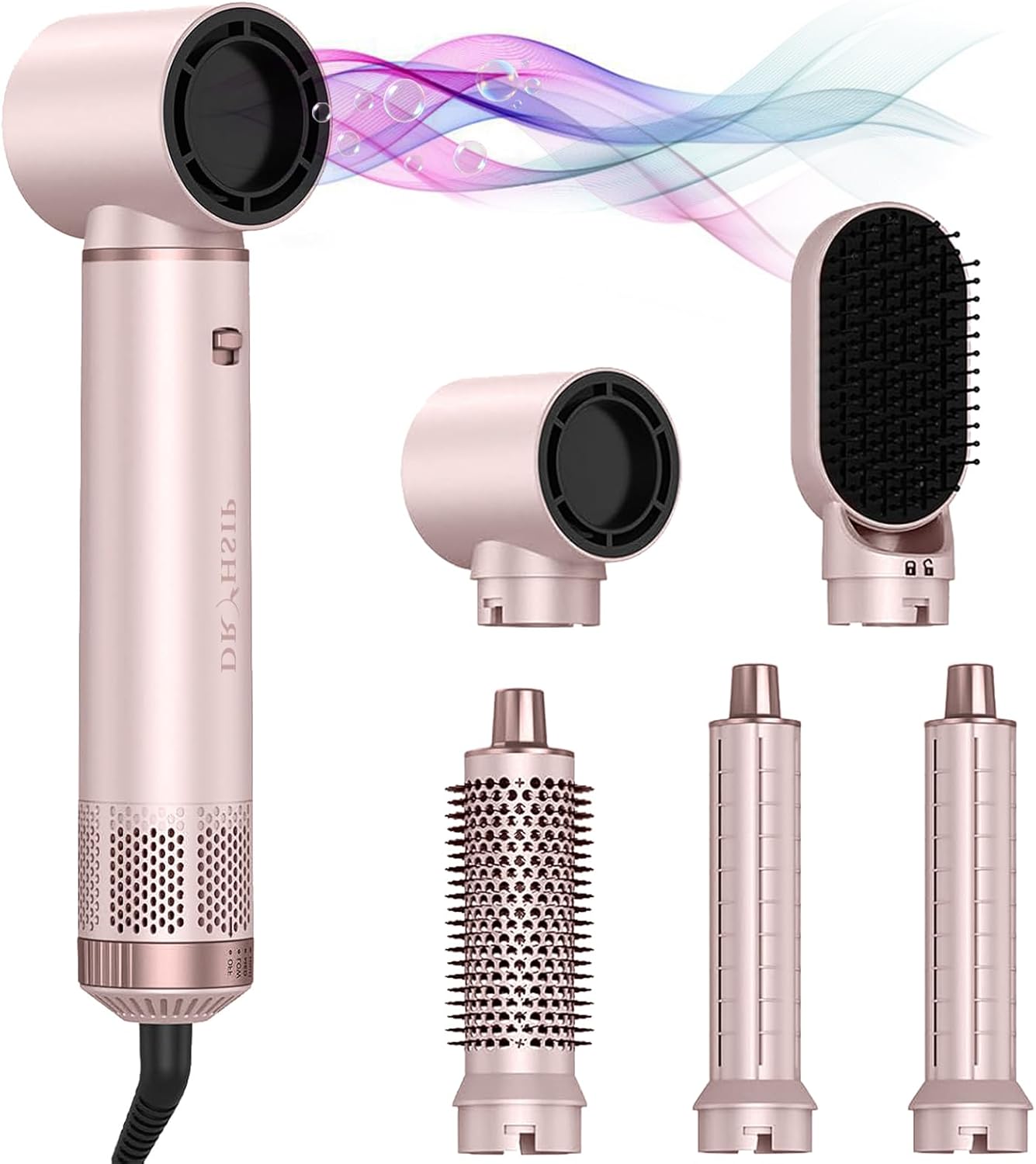 AVENHO 5 in 1 Hair Styler & Hot Air Brush - Air Curling Wrap with Low-Speed Negative Ion Technology, Hair Dryer Brush for Drying, Curling, Straightening & Styling, Hair Styling Tools at Home (Pink)