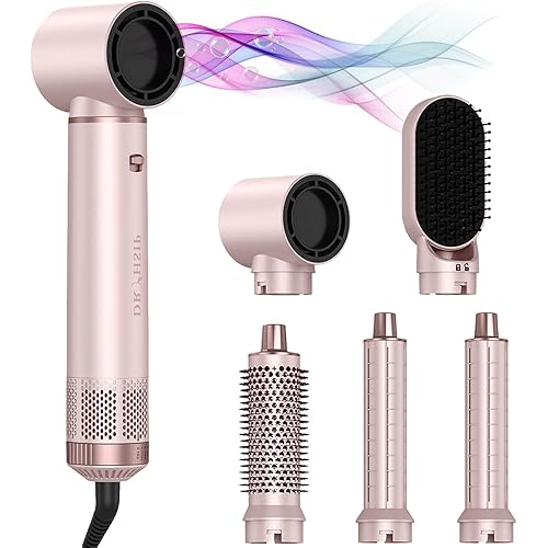 5 in 1 Hair Styler & Hot Air Brush - Air Curling Wrap with Low-Speed Negative Ion Technology, Hair Dryer Brush for Drying, Curling, Straightening & Styling, Hair Styling Tools at Home (Pink)
