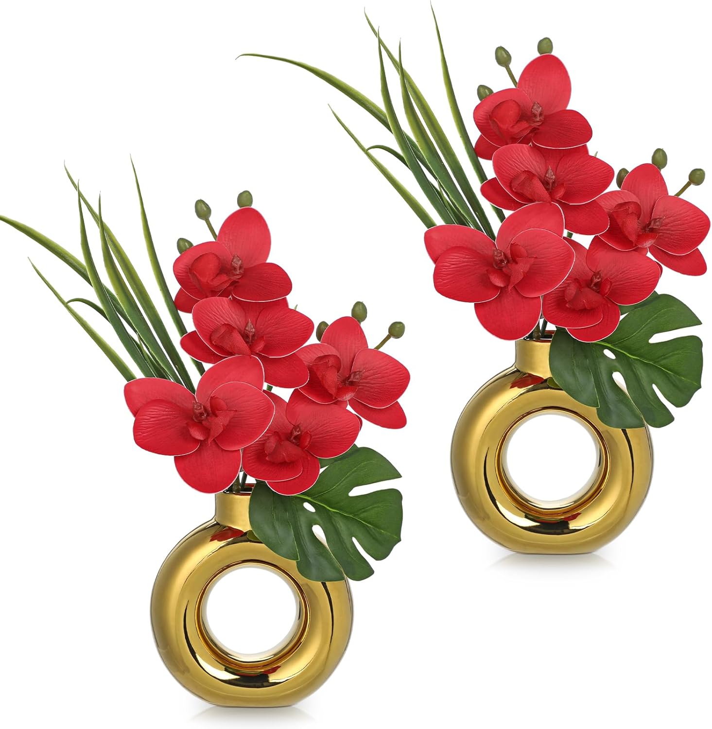 Briful Fake Orchid Flowers with Gold Pot 2PCS Red Orchid Silk Flowers Arrangement Artificial Orchid Plants for Home Office Room Kitchen Shelf Table Decor