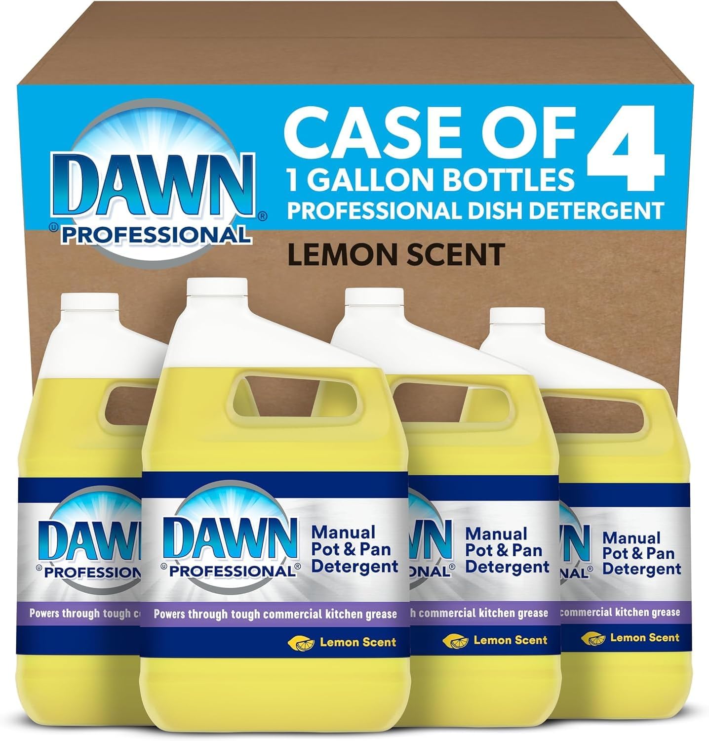 Dawn Dishwashing Liquid Soap Detergent, Bulk Degreaser Removes Greasy Foods from Pots, Pans and Dishes in Commercial Restaurant Kitchens, Lemon Scent, 1 Gal (Case of 4) (Packaging May Vary)