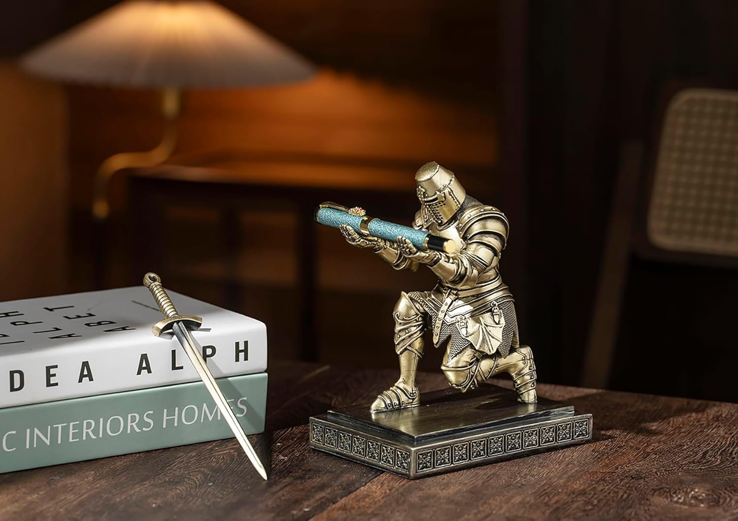 Templar Vanguard Soldier Pen Holder Pencil Stand Desk Organizers and Accessories as Gift for Medieval Warrior Enthusiast (Bronze)