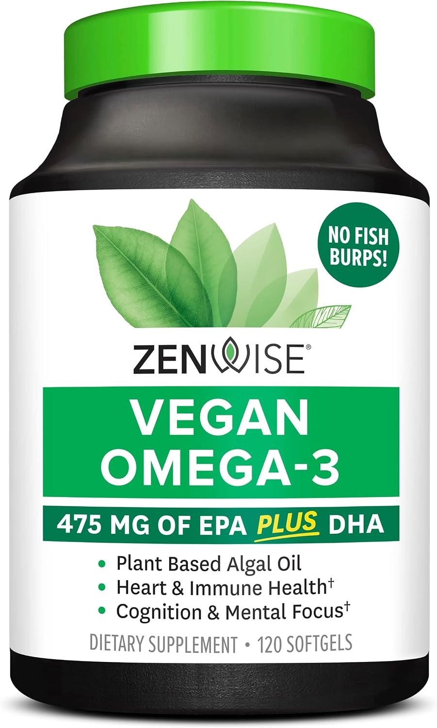 Zenwise Vegan Omega-3 Plant Based Fish Oil Alternative Marine Algal Source for EPA and DHA Fatty Acids - Burpless Supplement for Brain Health, Joint Support, Immune System, Heart & Skin - 120 ct