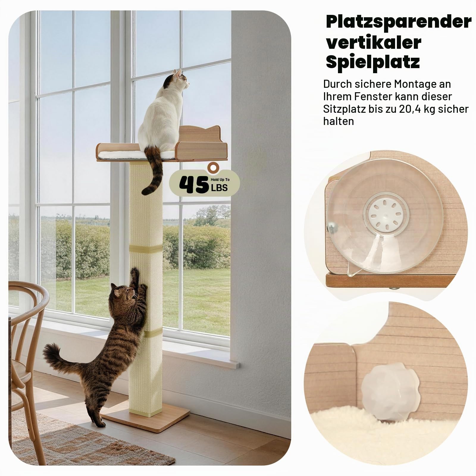 Katzenrastenstange mit Kratzbaum, Katzenhängematte für Fenster mit 2 Saugnäpfen, Sisal Hoher Katzenkratzbaum mit großem Barsch, Katzenfensterbett mit Daunenkissen Sisal