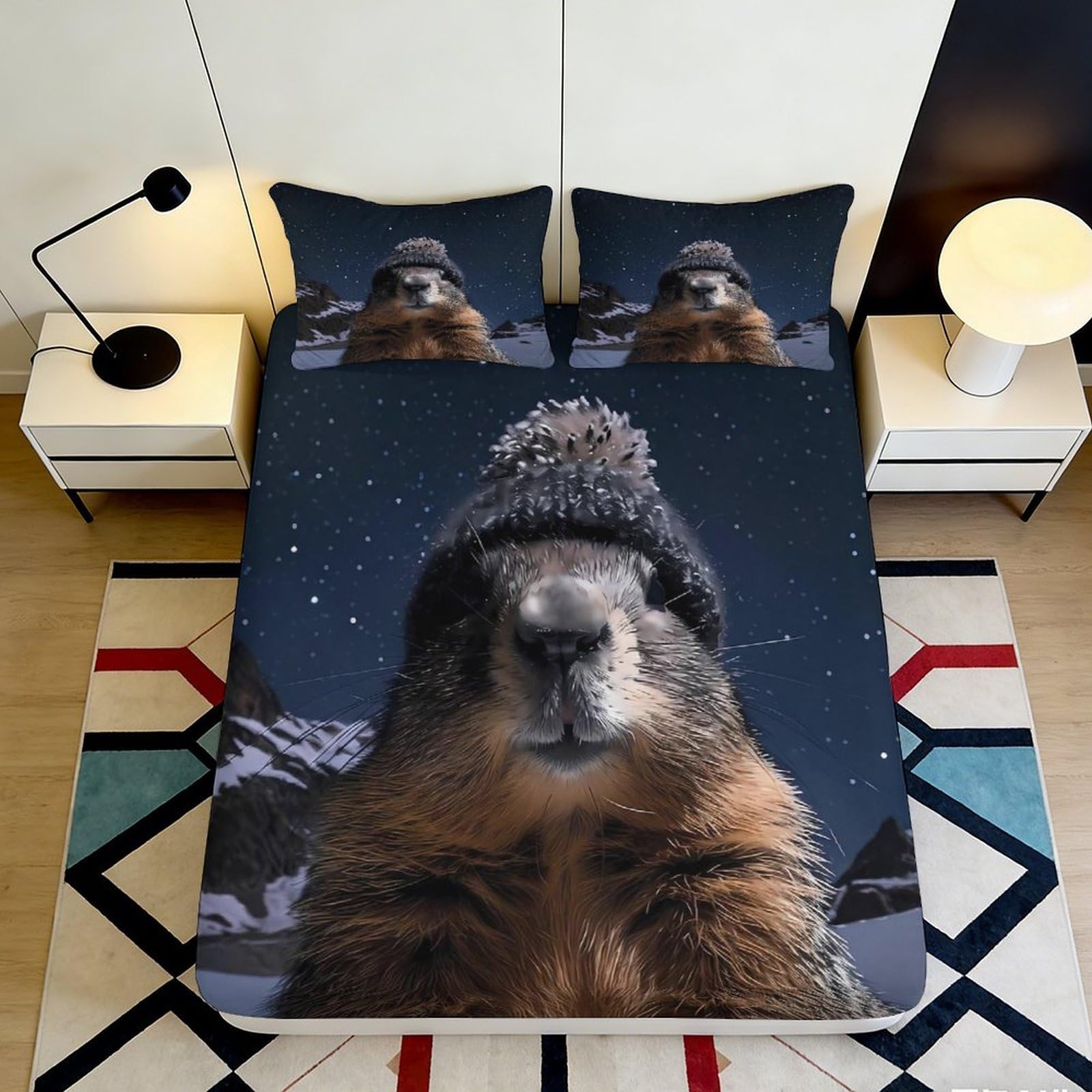 Pnayamiorkfel Style-7 3D Printed Winter Marmot Fitted Sheet Microfiber Soft Breathable Snow Mountain Bed Cover For Bedroom Dorm Decor 90X200x25cm