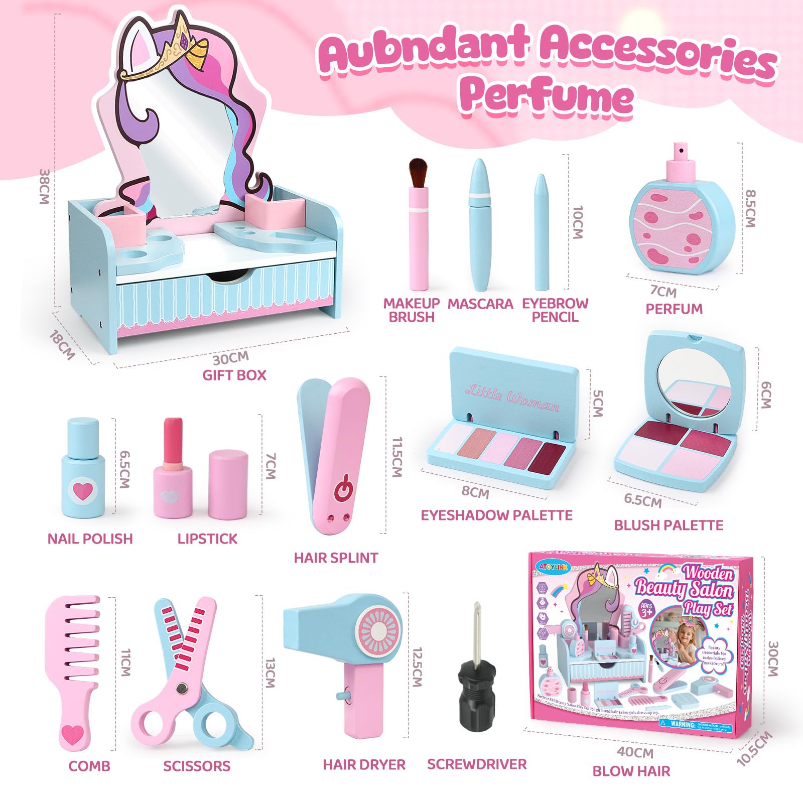 Unicorno Postazione Trucco in Legno, Trucchi Bambina Toeletta con Specchiera Cassetti Set & Parrucchiera Bambina Bellez Accessori Unicorno Giochi Giocattoli Regalo per Bambini Ragazza 3 4 5 6 7 Anni