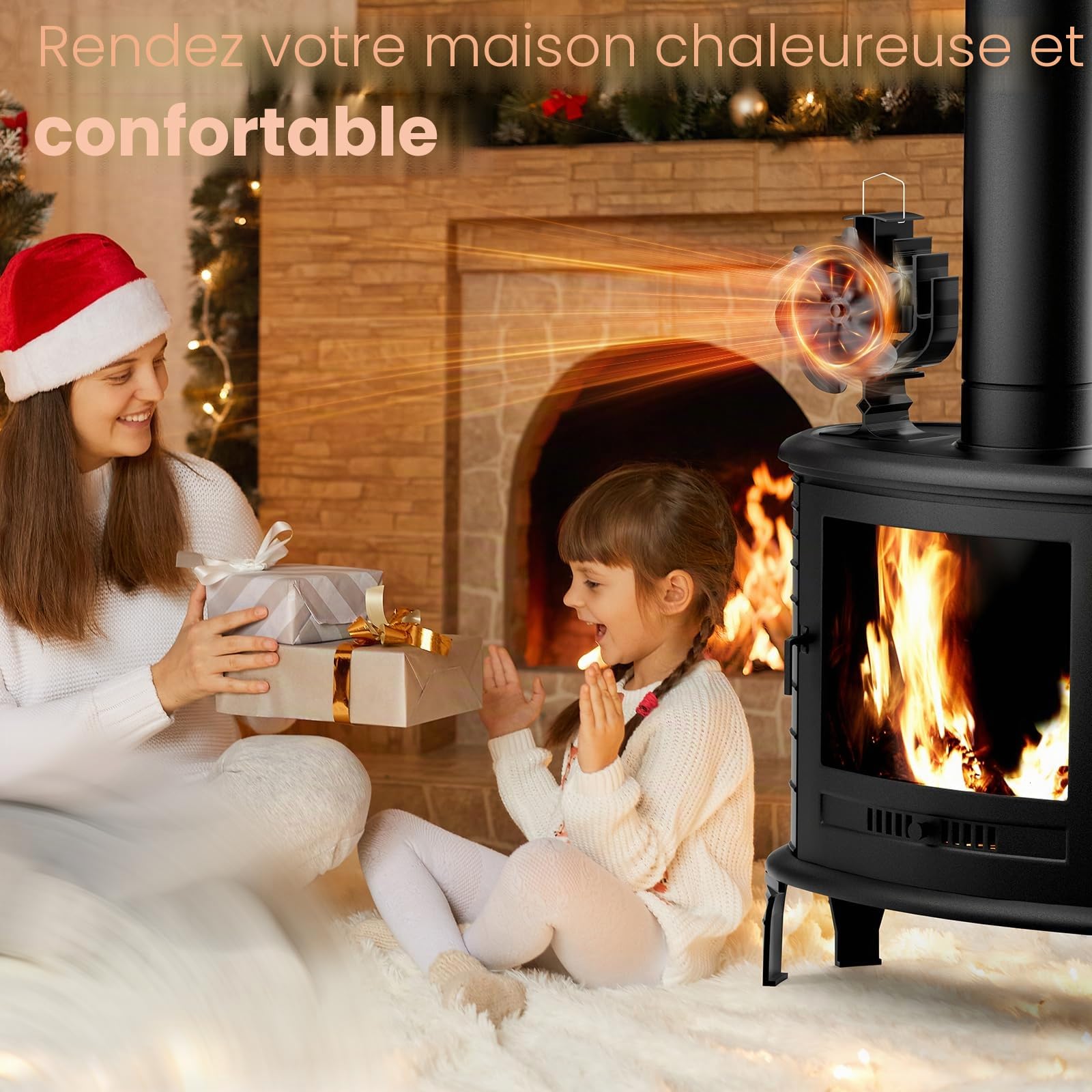 Gisam Ventilateur de poêle à 6 pales avec rotation à 60°, ventilateur de poêle sans électricité, fonctionnement silencieux, ventilateur de poêle à bois pour poêle à bois/cheminée (noir)