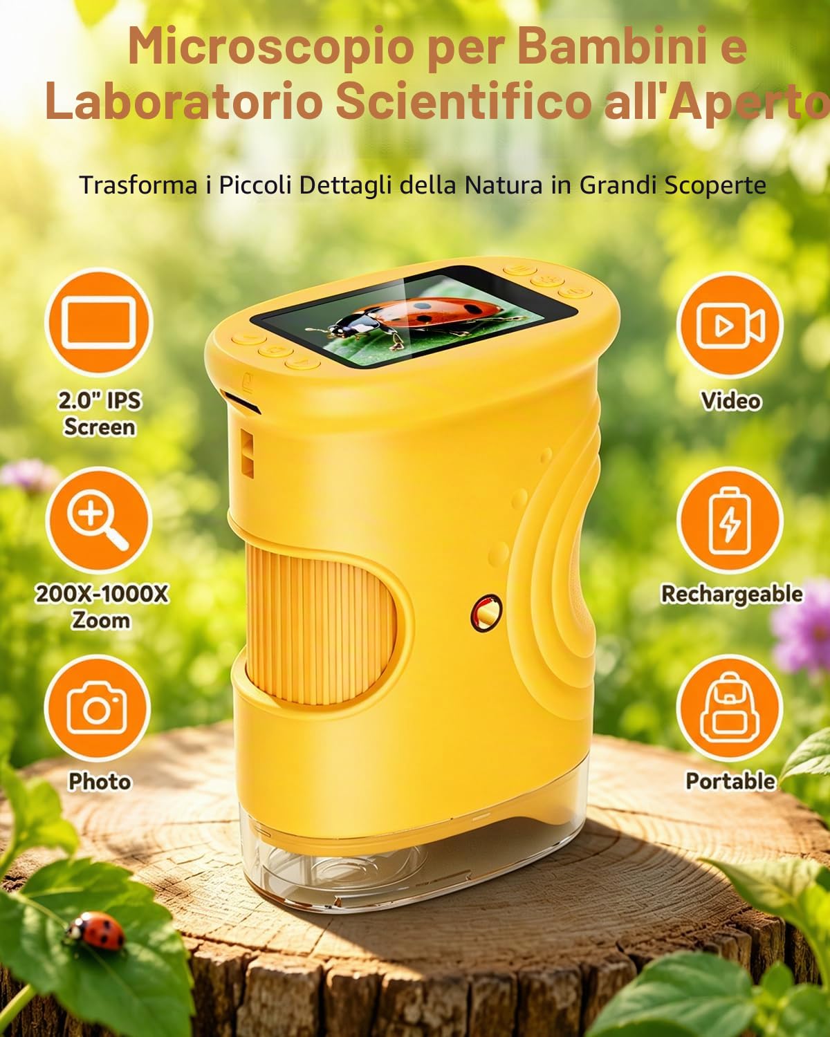 Microscopio Digitale Portatile per Bambini con schermo IPS da 2", Ricaricabile, Memoria Fotografica Integrata, 200X Mini Microscopio da Regali di Natale, compleanno o Capodanno per i 4-12 Anni-Arancio