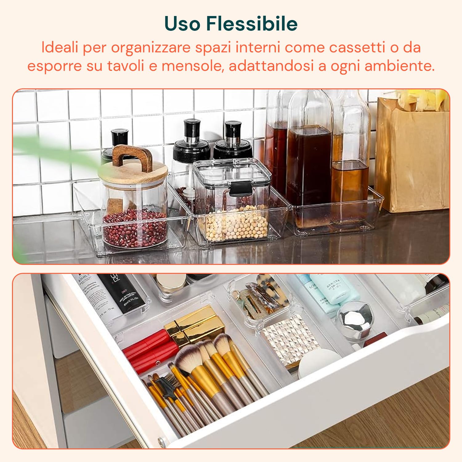Avilia Set 25 Organizer Cassetti Trasparenti Impilabili - Divisori Modulari Plastica - Contenitori Cassettiera Scrivania, Armadio, Cucina, Make-up - Kit Salvaspazio 4 Formati