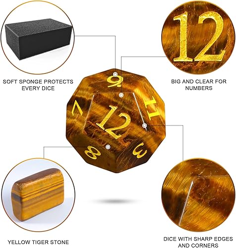 Miniatura 5 de LUCKY-M Juego de 7 dados de cristal de tigre amarillo para Dungeons and Dragons, juegos de dados de piedra poliédrica para D&D, regalos de