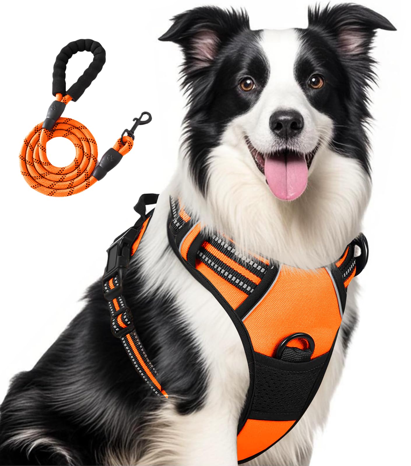 Jomkig Adjustable No Pull Dog Harness with Easy Control Soft Padded Handle for Large Dogs Reflective Breathable Pet Vest Outdoor Walking Training, Orange, Large