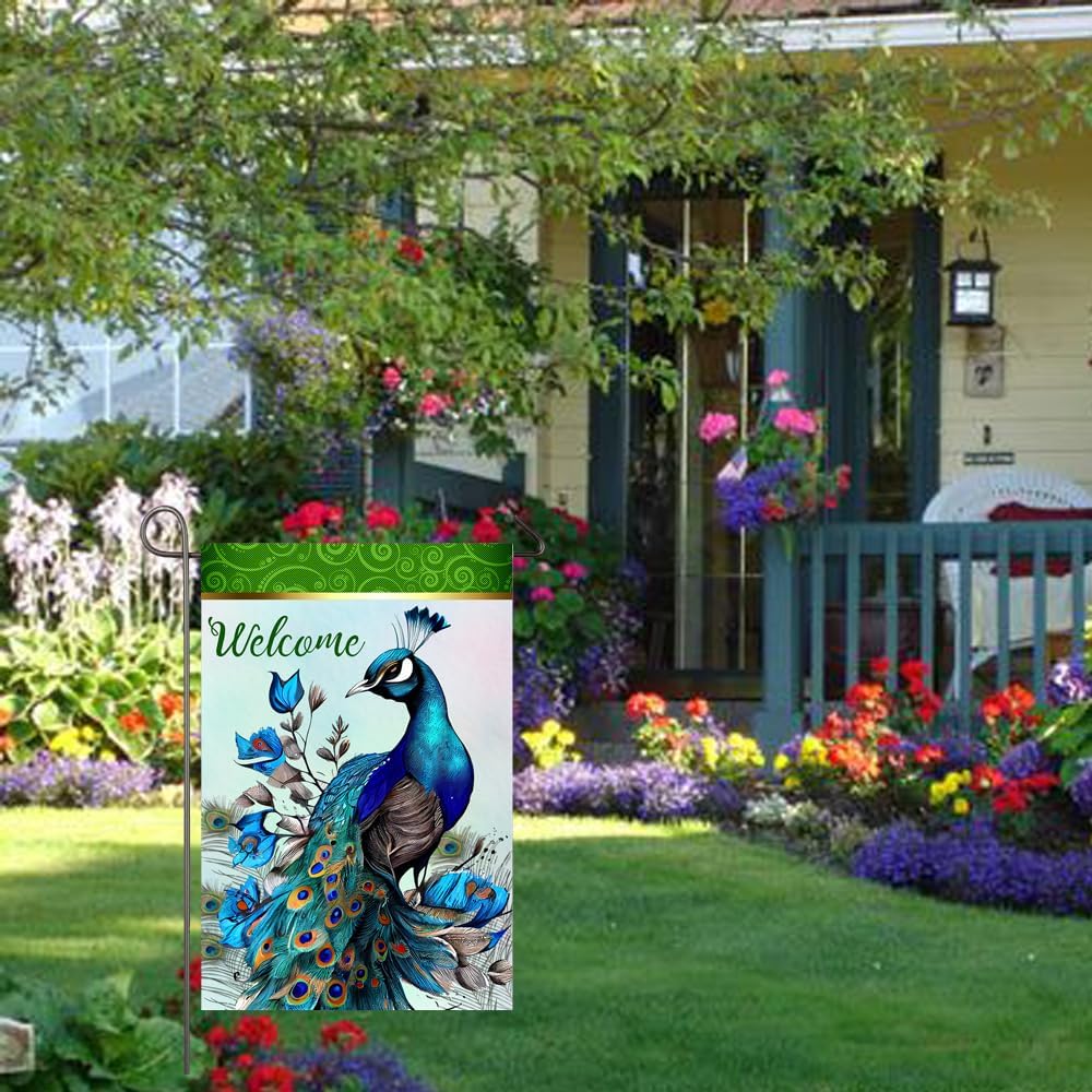 Peacock Garden Flag 12x18 Inch Double Sided Welcome Yard Flag Peacock Garden Decor Burlap Banner Front Porch Lawn Outdoor Decorations - Image 6