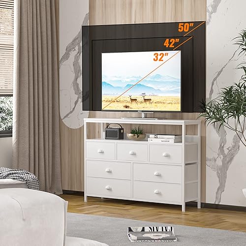 Miniatura 9 de Furologee Soporte de TV para tocador, mesa de sofá con 7 cajones, escritorio blanco en forma de L de 66 pulgadas con estantes, escritorio esquinero