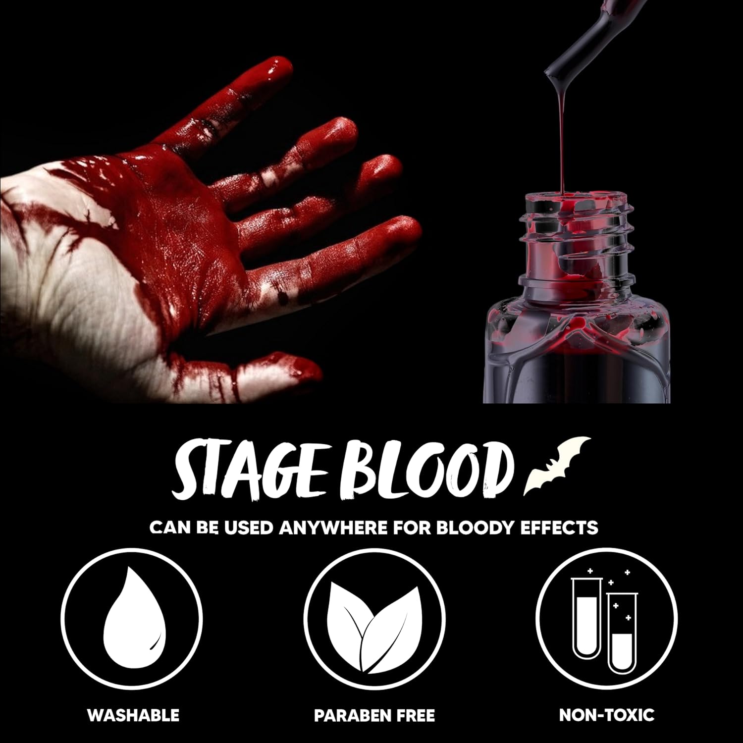 Spooktacular Creations Halloween Fake Blood Makeup, 1 oz Stage Blood Bottle, Dark Blood, Washable Blood Drops for Halloween Cosplay Party, Zombie, sfx Makeup, Masquerade