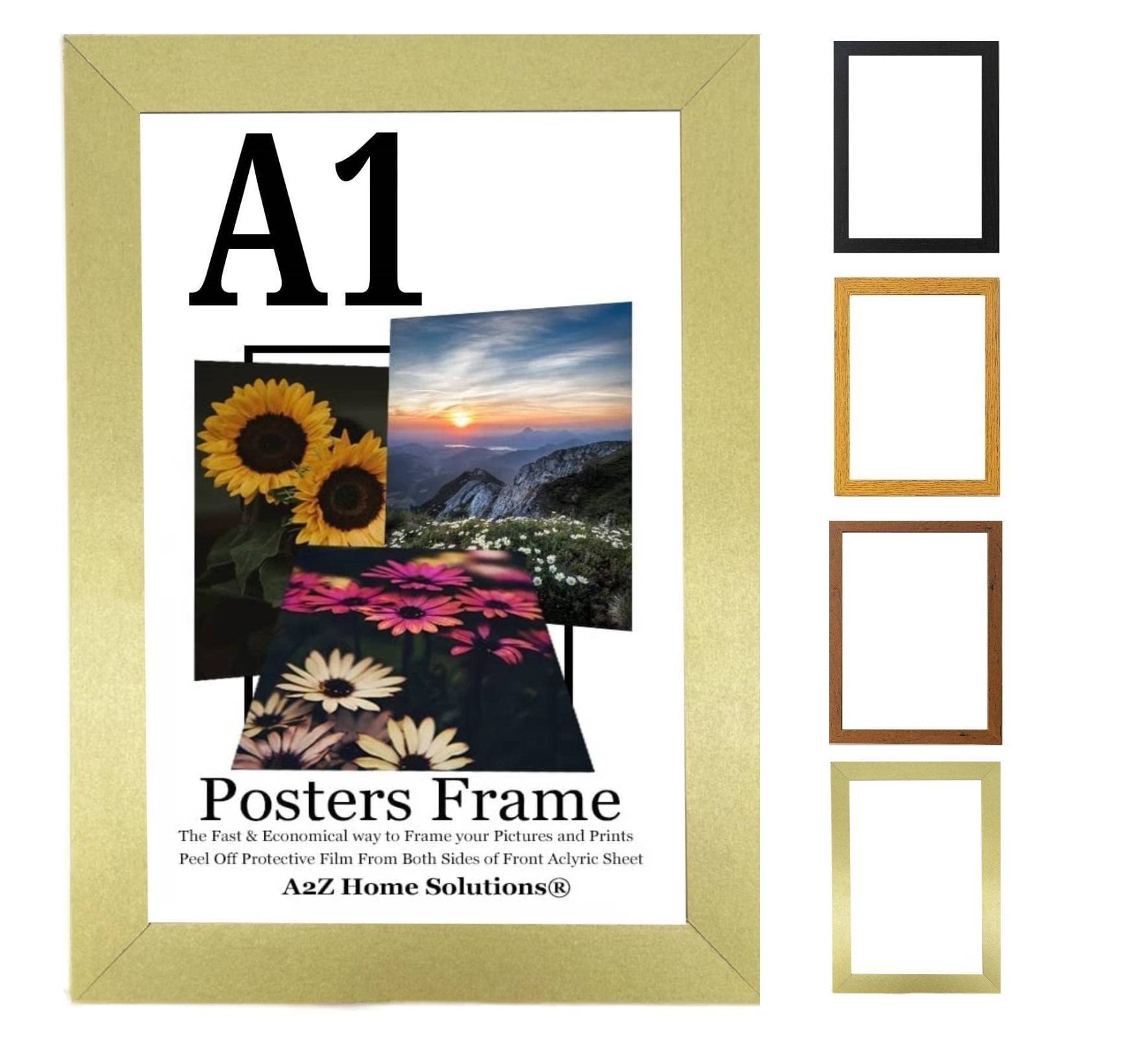 A2Z Home Solutions® Multipack Gold A1 Poster Frames 59.4 x 84.1 cm With Safe Clear Perspex Front & Wall Mounting A1 Frames In Multiple Colors MDF Backboard Portrait or Landscape (Single)