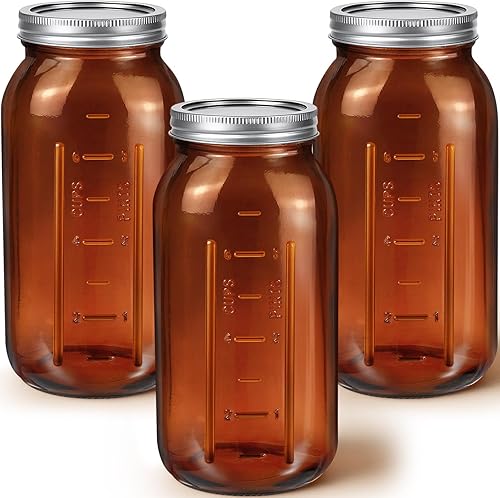 Miniatura 8 de Juego de 6 tarros de vidrio ámbar de 64 onzas, tarros de vidrio para conservas de ámbar en relieve, tarros de fermentación de medio galón con tapas