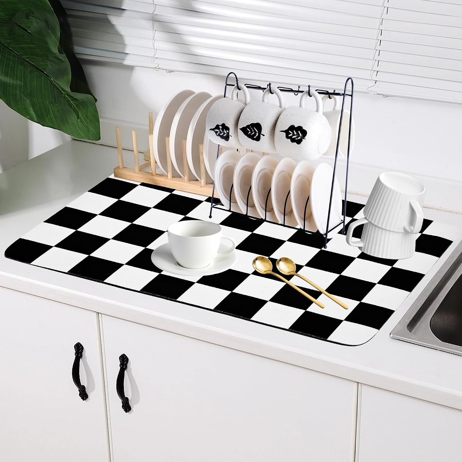 Coffee Mat Checkered Dish Drying Pad for Kitchen Pet Placemat Absorbent Quick Dry Washable Anti-slip Rubber Backed Mats for Kitchen Counter Coffee Bar Bathroom Bedroom 12 x 19
