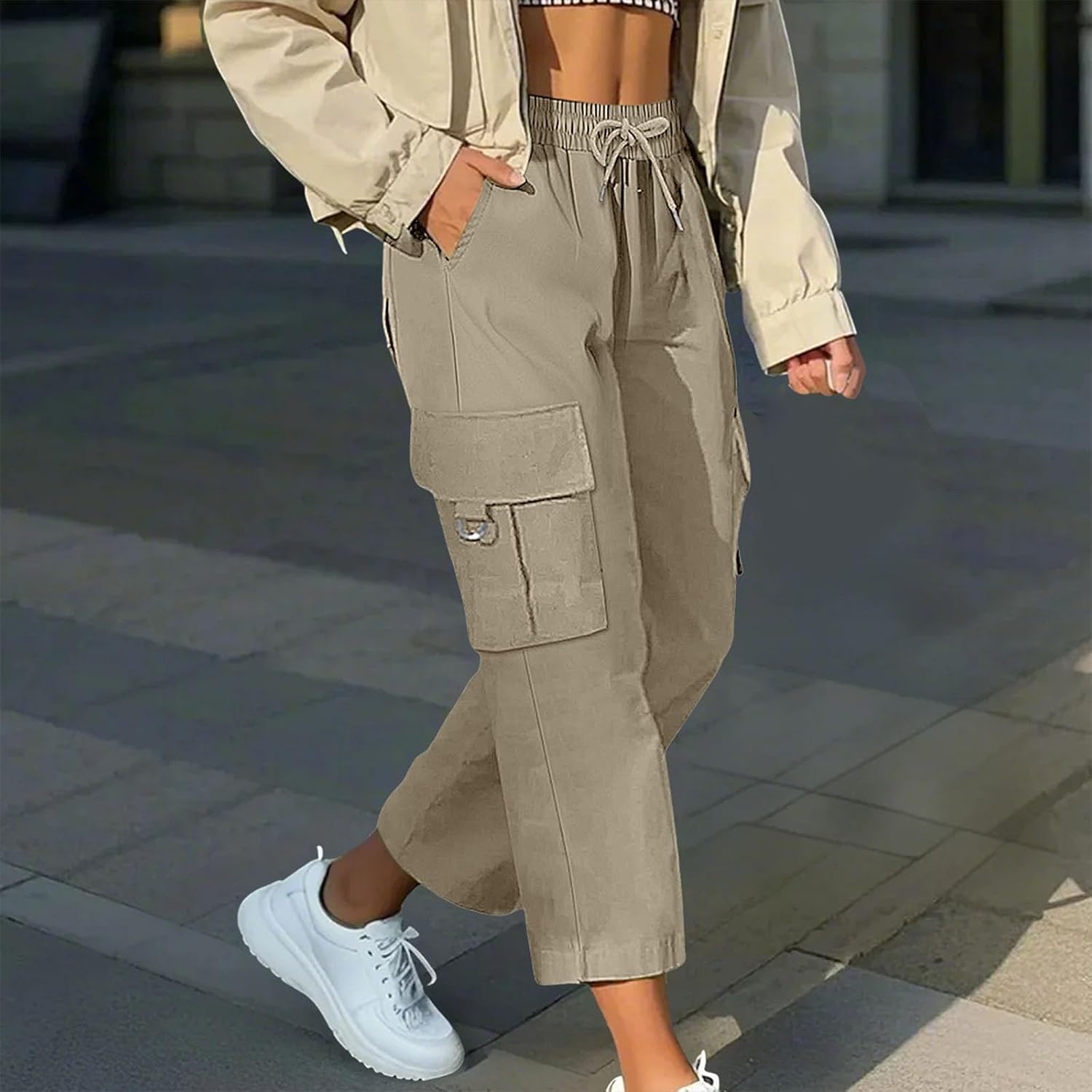 Cargo Capris for Women with Pocket Summer Mid Rise Lightweight Elastic Waist Pants Stretchy Tactical Tavel Hiking Pant